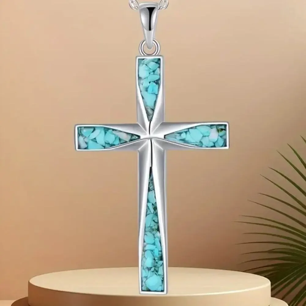 925 Silver Necklace w/ Turquoise Cross Western Christian Birthday Anniversary